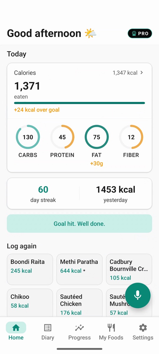 Sayvour home screen showing calories, carbs, protein, fat and fibre for the day, with a 60-day streak