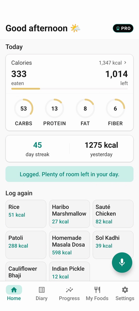 Sayvour home screen with calories left for the day