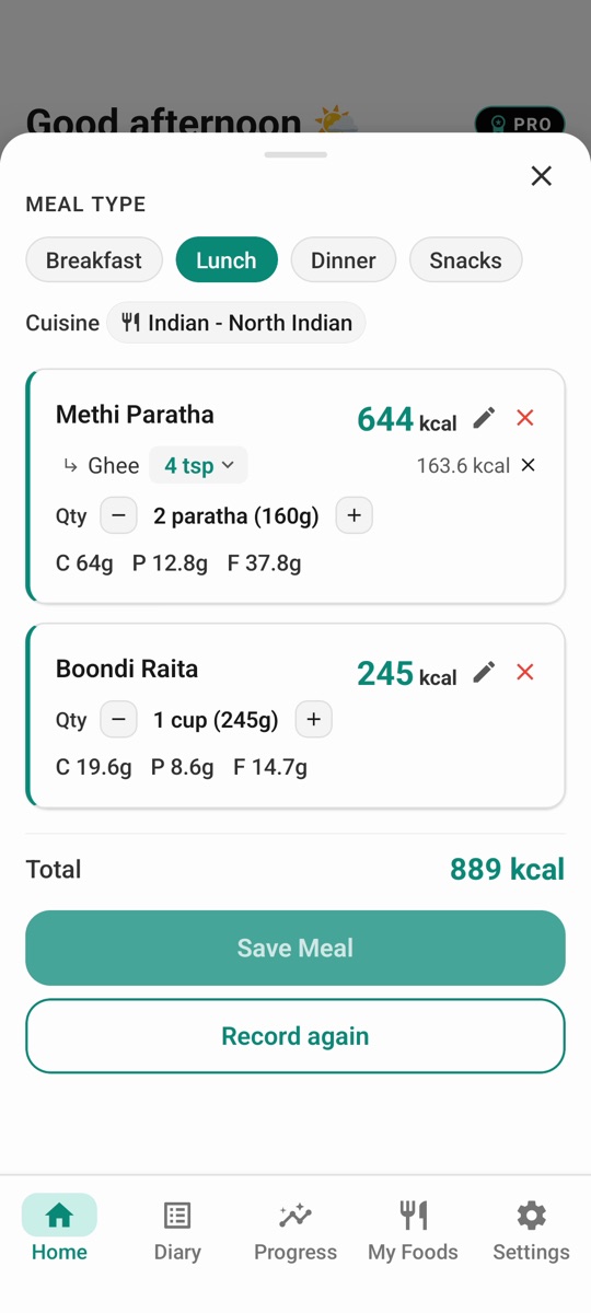 Methi paratha logged with 4 teaspoons of ghee as an add-on, plus boondi raita