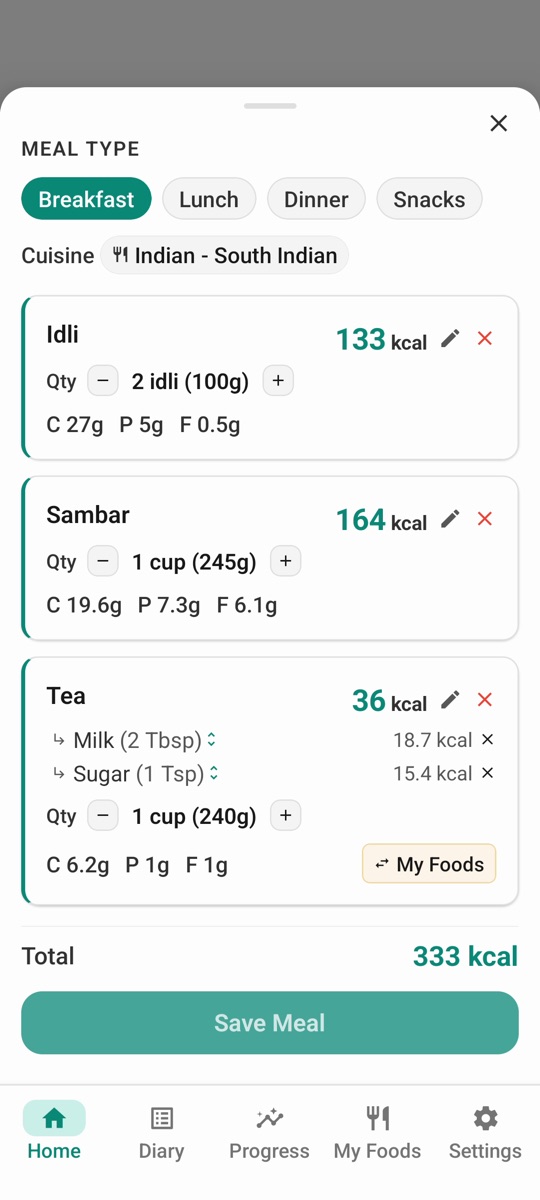 Sayvour breaking a spoken meal of idli, sambar and tea into calories and macros for each dish